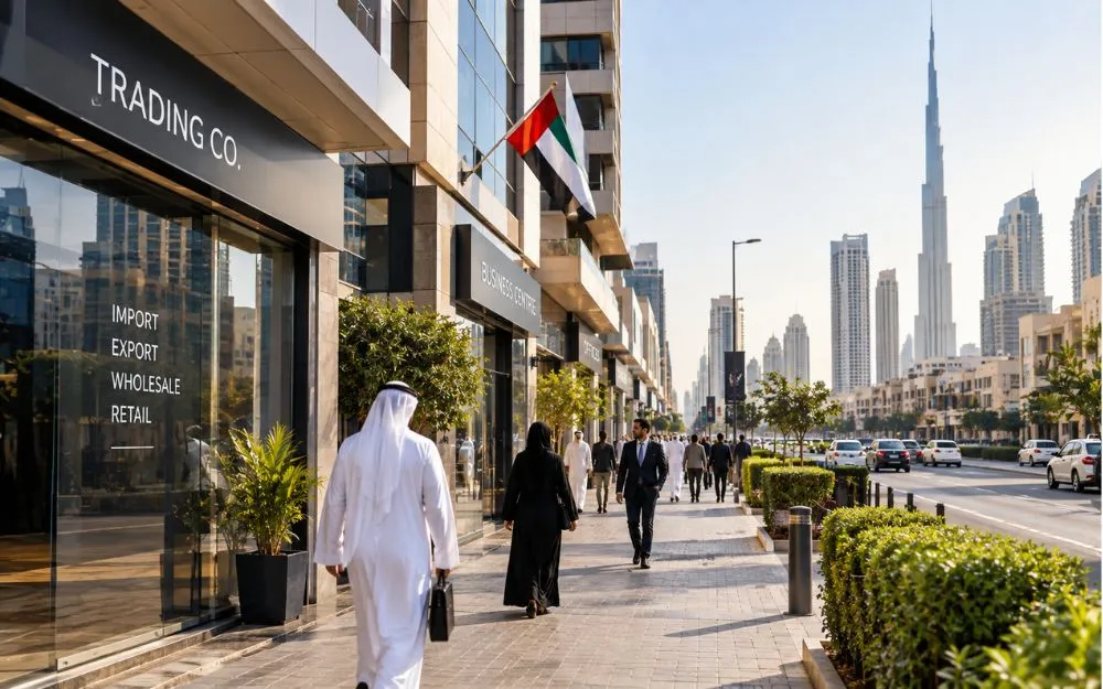 Dubai commercial street representing mainland company trading rights across the UAE
